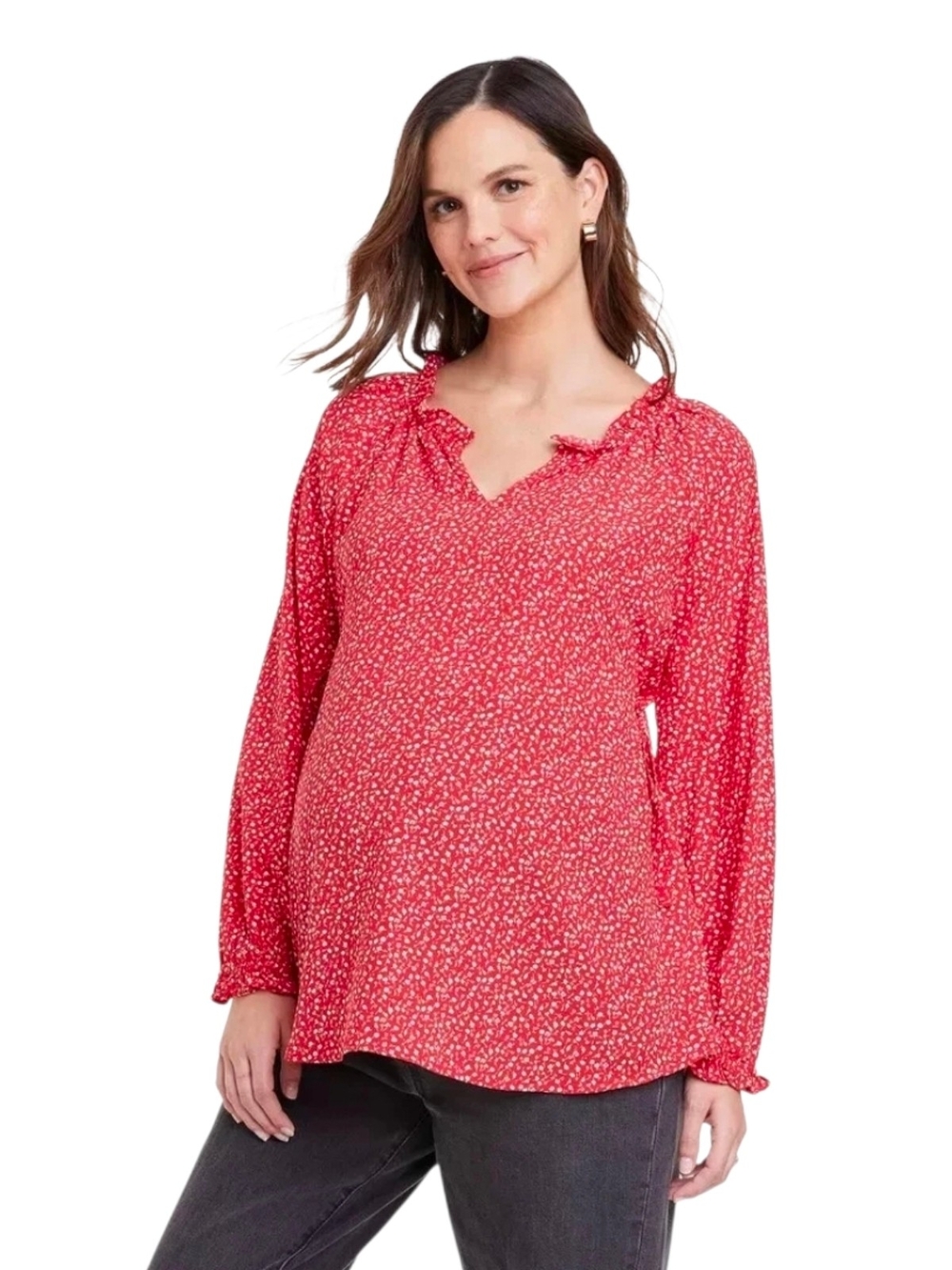 Isabel Maternity by Ingrid & Isabel Red Floral Ruffle-Trim Maternity Blouse